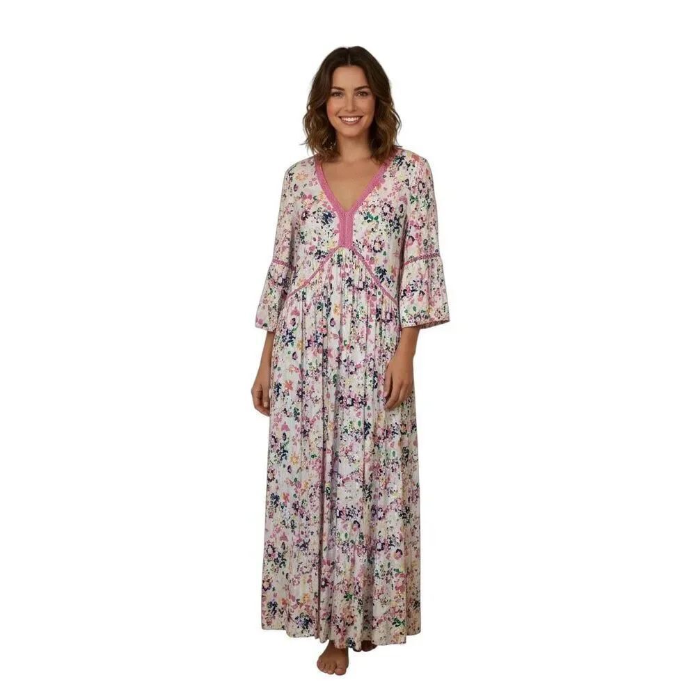 Crown & Ivy Size L Balloon Sleeve Maxi Dress Petal Pops Floral White Pink NWT